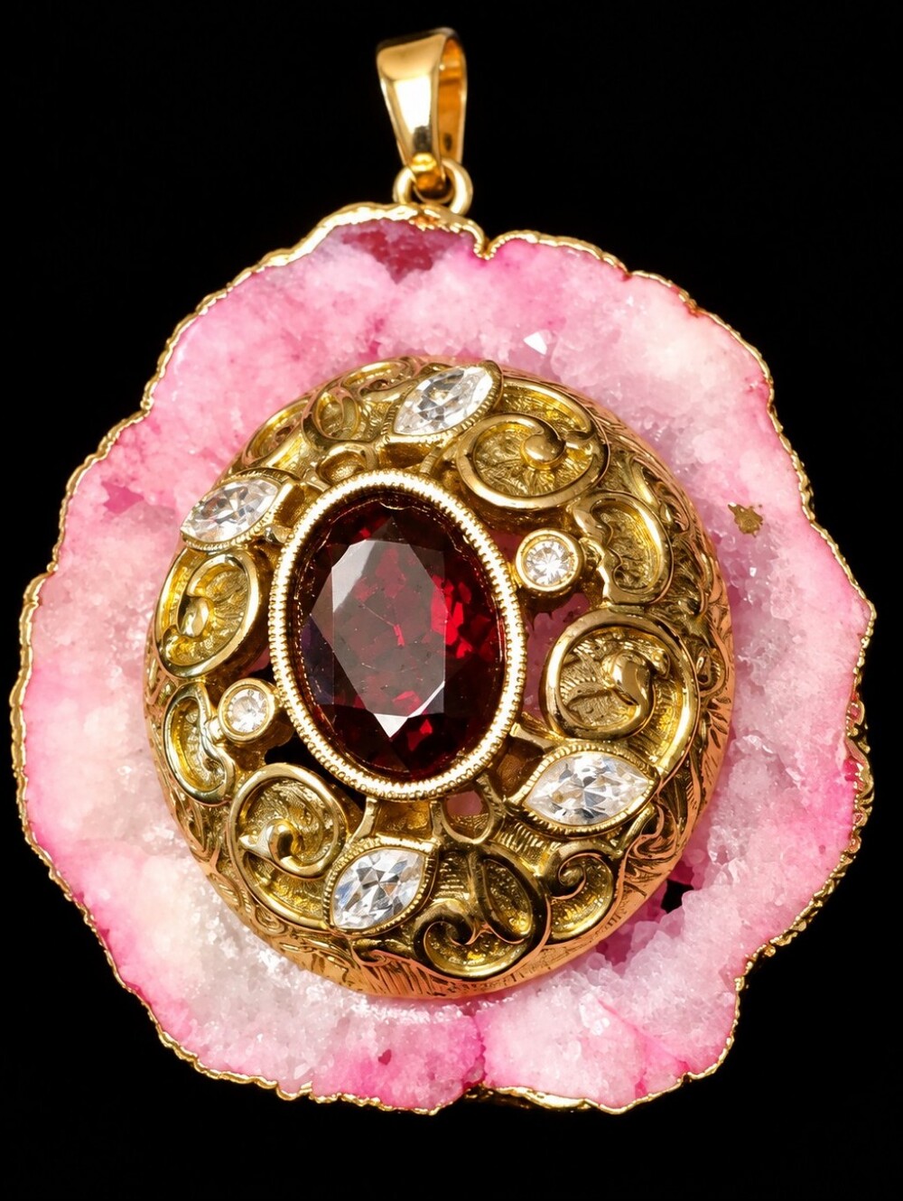Vintage Pink Druzy Agate Geode Statement Pendant Gold Plated Glass Crystal